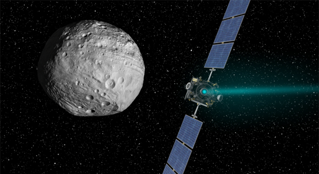 Dawn spacecraft orbiting 4-Vesta. Image Credit: NASA/JPL-Caltech